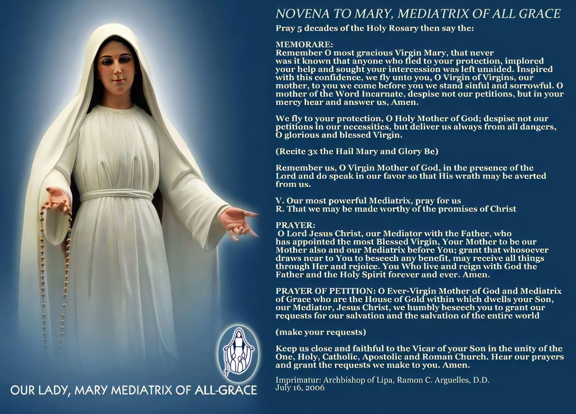 DAILY NOVENA TO OUR LADY, MARY MEDIATRIX OF ALL GRACE – Mary Mediatrix 